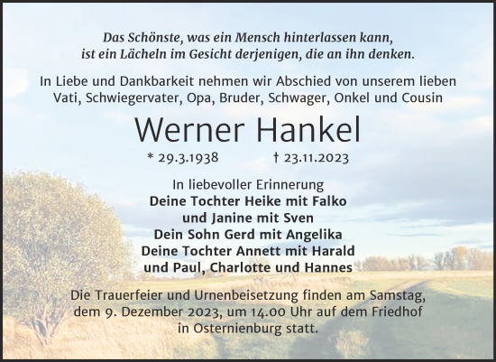 Traueranzeige von Werner Hankel von Trauerkombi Köthen