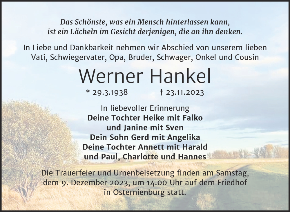  Traueranzeige für Werner Hankel vom 02.12.2023 aus Trauerkombi Köthen