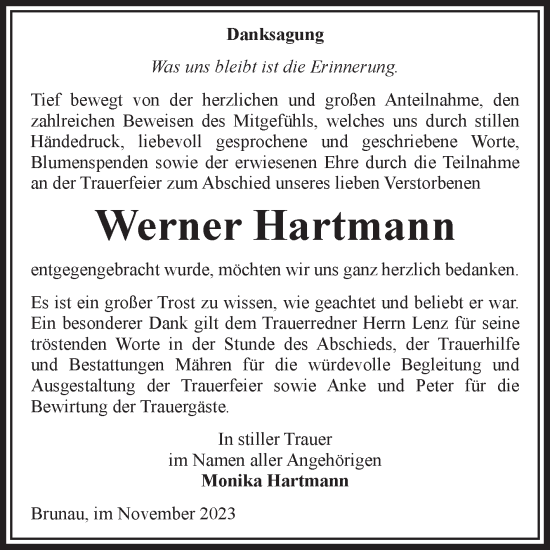 Traueranzeige von Werner Hartmann von Volksstimme Altmark West