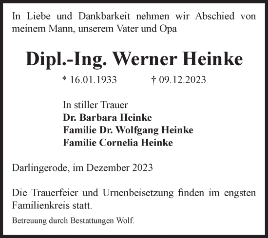Traueranzeige von Werner Heinke von Volksstimme Wernigerode