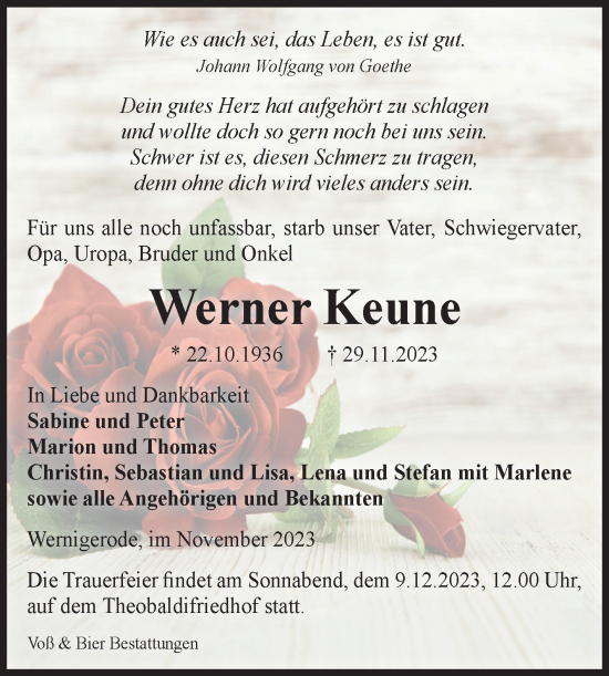 Traueranzeige von Werner Keune von Volksstimme Wernigerode