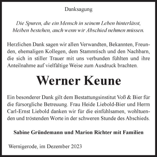 Traueranzeige von Werner Keune von Volksstimme Wernigerode