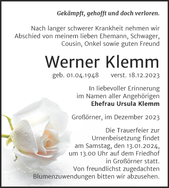 Traueranzeige von Werner Klemm von Trauerkombi Mansfelder Land
