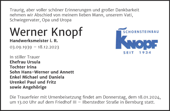 Traueranzeige von Werner Knopf von Trauerkombi Bernburg
