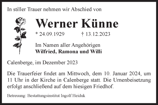 Traueranzeige von Werner Künne von Volksstimme Magdeburg