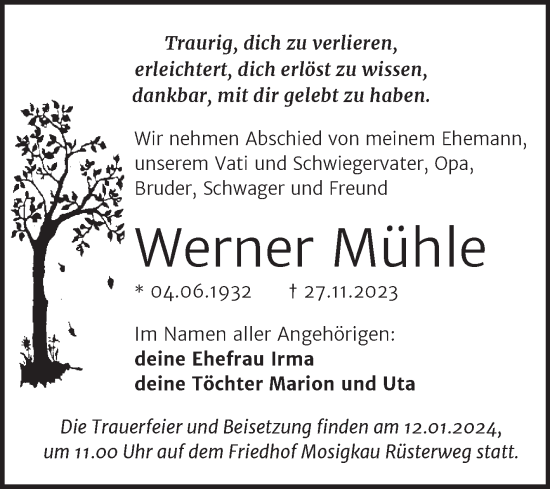 Traueranzeige von Werner Mühle von Trauerkombi Dessau