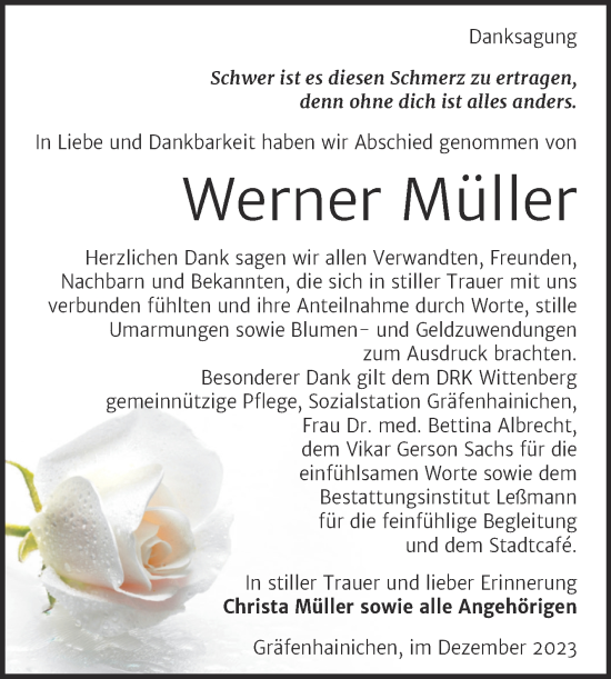 Traueranzeige von Werner Müller von Trauerkombi Wittenberg