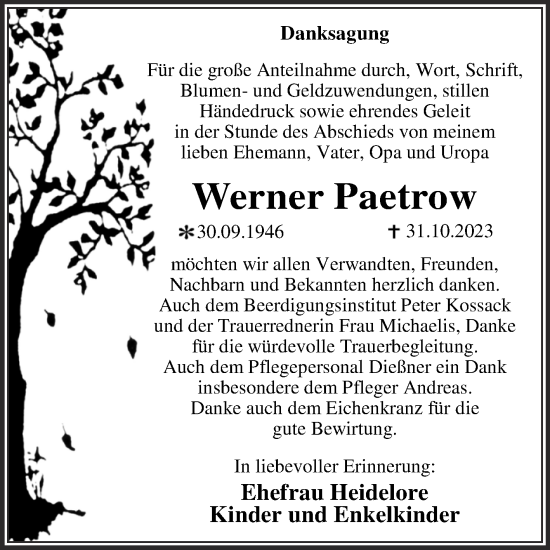 Traueranzeige von Werner Paetrow von Trauerkombi Dessau