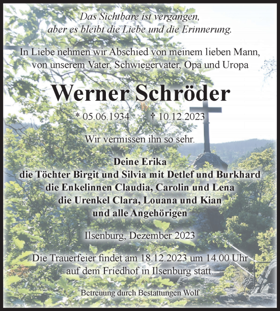 Traueranzeige von Werner Schröder von Volksstimme Wernigerode