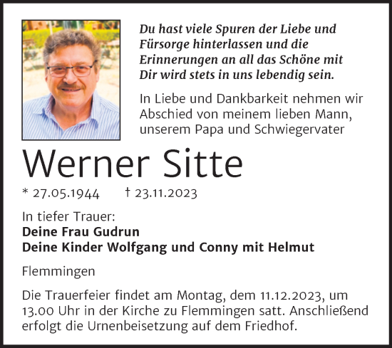 Traueranzeige von Werner Sitte von Wochenspiegel Naumburg/Nebra