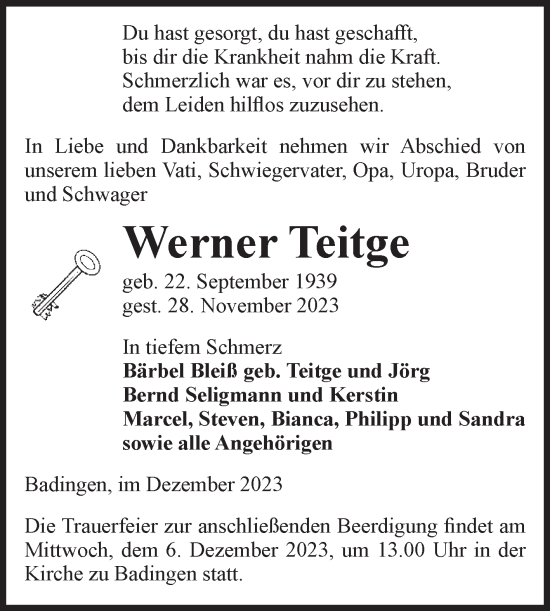 Traueranzeige von Werner Teitge von Volksstimme Altmark Ost