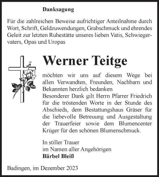 Traueranzeige von Werner Teitge von Volksstimme Altmark Ost