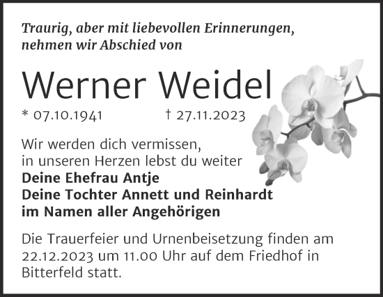 Traueranzeige von Werner Weidel von Trauerkombi Bitterfeld