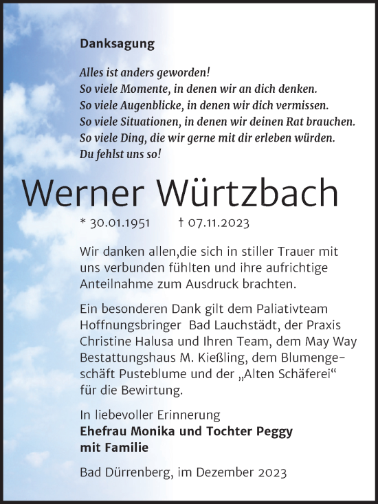 Traueranzeige von Werner Würtzbach von Trauerkombi Merseburg