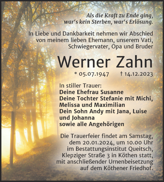 Traueranzeige von Werner Zahn von Trauerkombi Köthen
