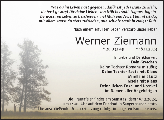 Traueranzeige von Werner Ziemann von Trauerkombi Sangerhausen