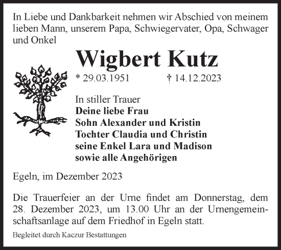 Traueranzeige von Wigbert Kutz von Volksstimme Staßfurt