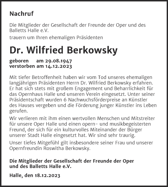 Traueranzeige von Wilfried Berkowsky von Mitteldeutsche Zeitung Halle/Saalkreis