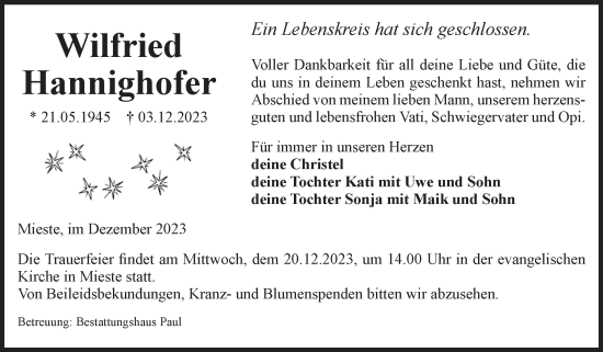 Traueranzeige von Wilfried Hannighofer von Volksstimme Altmark West