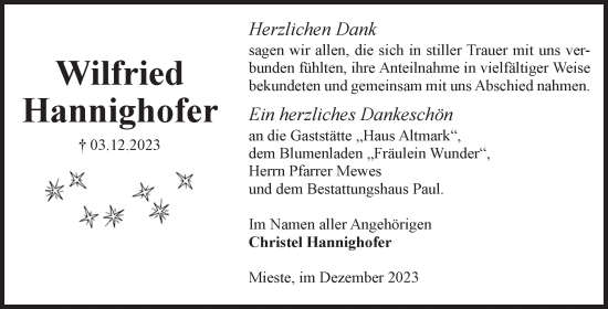 Traueranzeige von Wilfried Hannighofer von Volksstimme Altmark West
