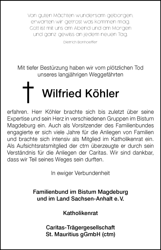 Traueranzeige von Wilfried Köhler von Volksstimme Magdeburg