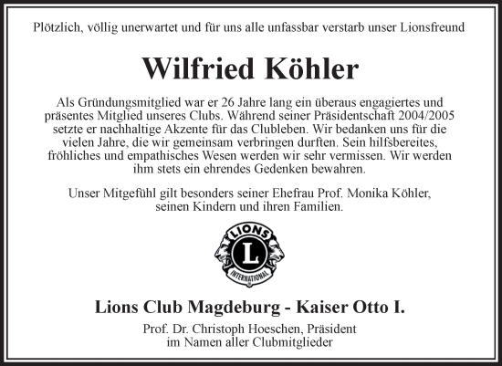 Traueranzeige von Wilfried Köhler von Volksstimme Magdeburg