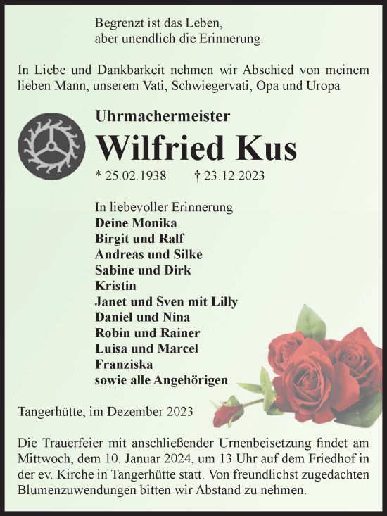 Traueranzeige von Wilfried Kus von Volksstimme Altmark Ost