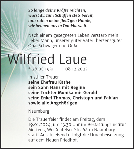 Traueranzeige von Wilfried Laue von Wochenspiegel Naumburg/Nebra