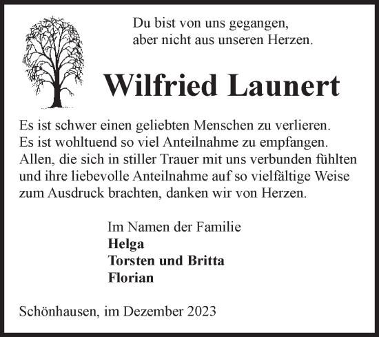 Traueranzeige von Wilfried Launert von Volksstimme Altmark Ost