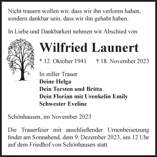 Traueranzeige von Wilfried Launert von Volksstimme Altmark Ost