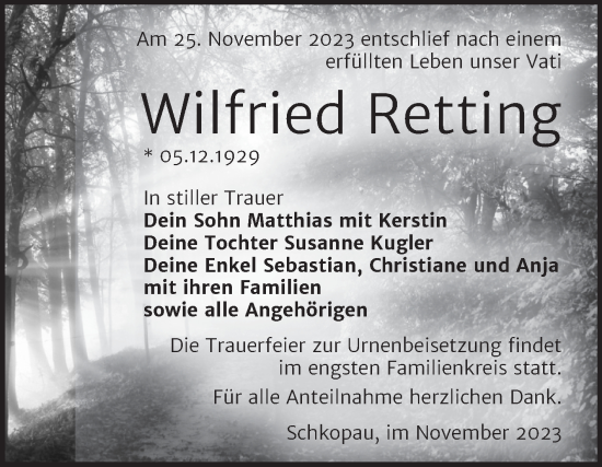 Traueranzeige von Wilfried Retting von Trauerkombi Merseburg