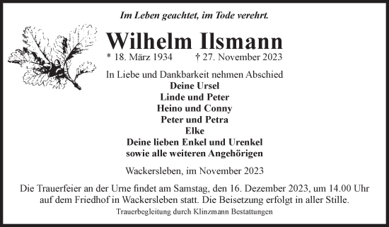 Traueranzeige von Wilhelm Ilsmann von Volksstimme Oschersleben/Wanzleben