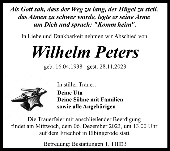 Traueranzeige von Wilhelm Peters von Volksstimme Wernigerode