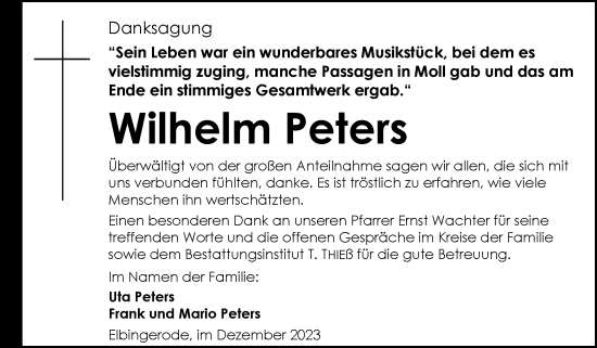 Traueranzeige von Wilhelm Peters von Volksstimme Wernigerode