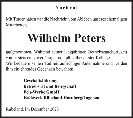 Traueranzeige von Wilhelm Peters von Volksstimme Wernigerode