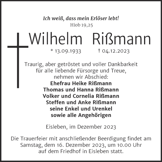Traueranzeige von Wilhelm Rißmann von Trauerkombi Mansfelder Land