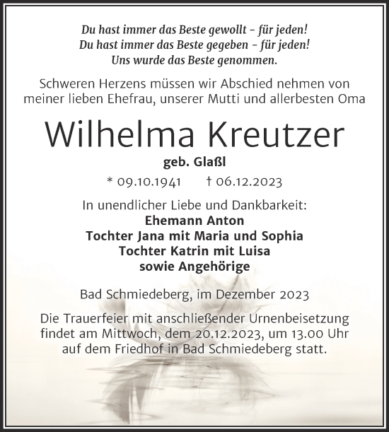 Traueranzeige von Wilhelma Kreutzer von Trauerkombi Wittenberg