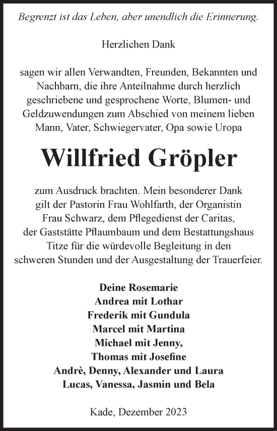 Traueranzeige von Willfried Gröpler von Volksstimme Burg/Genthin