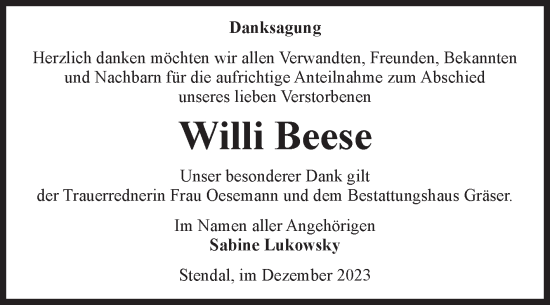 Traueranzeige von Willi Beese von Volksstimme Altmark Ost