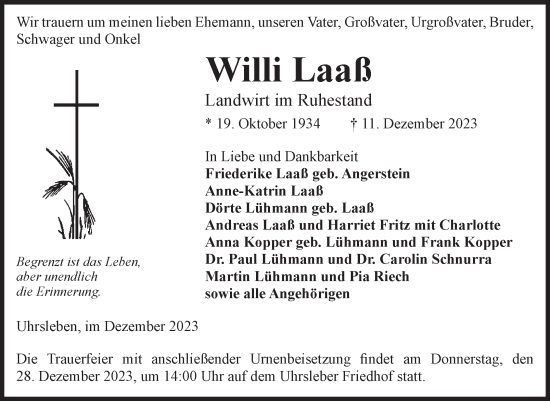 Traueranzeige von Willi Laaß von Volksstimme Haldensleben/Wolmirstedt