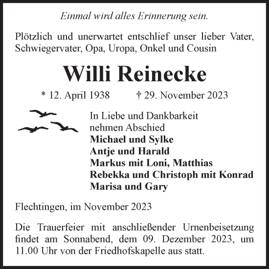 Traueranzeige von Willi Reinecke von Volksstimme Haldensleben/Wolmirstedt