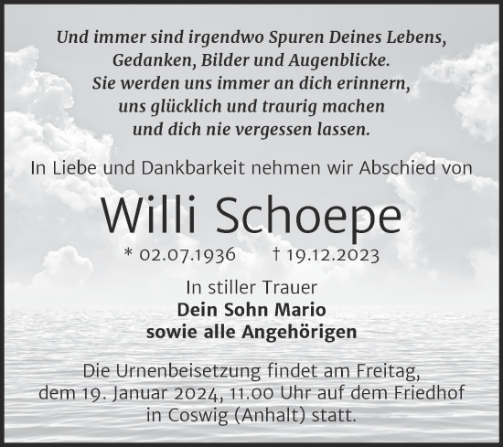Traueranzeige von Willi Schoepe von Trauerkombi Wittenberg
