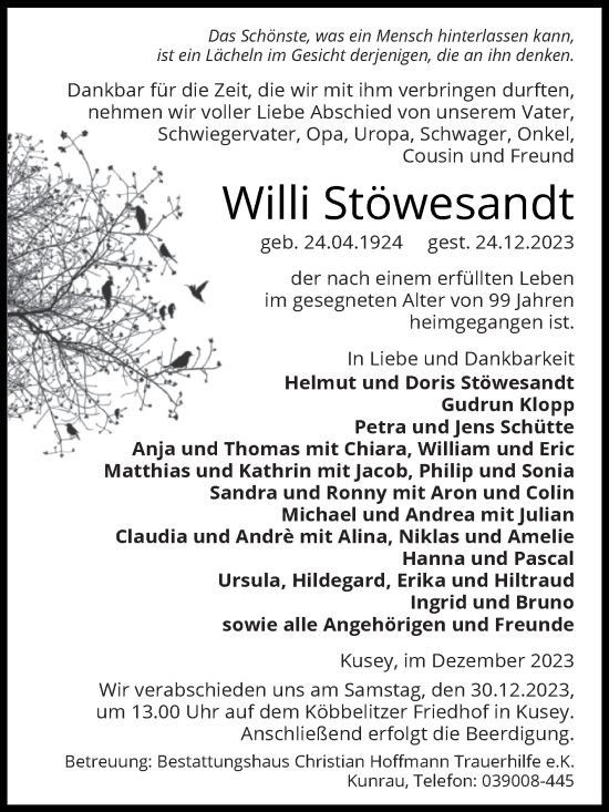 Traueranzeige von Willi Stöwesandt von Volksstimme Altmark West