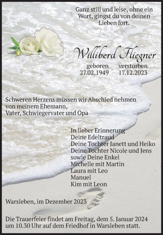 Traueranzeige von Williberd Fliegner von Volksstimme Oschersleben/Wanzleben