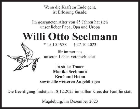 Traueranzeige von Willi Otto Seelmann von Volksstimme Magdeburg