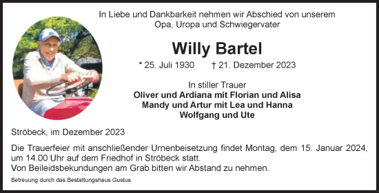 Traueranzeige von Willy Bartel von Volksstimme Halberstadt