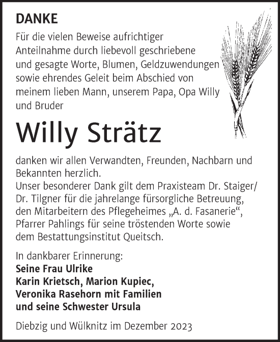 Traueranzeige von Willy Strätz von Trauerkombi Köthen