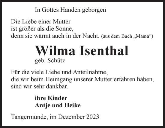 Traueranzeige von Wilma Isenthal von Volksstimme Altmark Ost