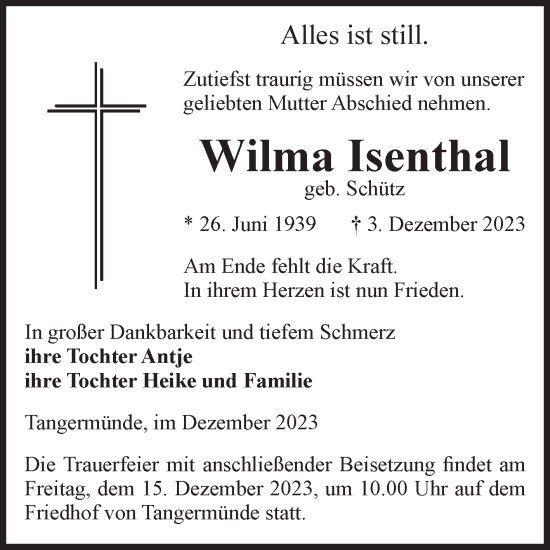 Traueranzeige von Wilma Isenthal von Volksstimme Altmark Ost