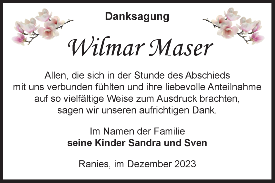 Traueranzeige von Wilmar Maser von Volksstimme Schönebeck